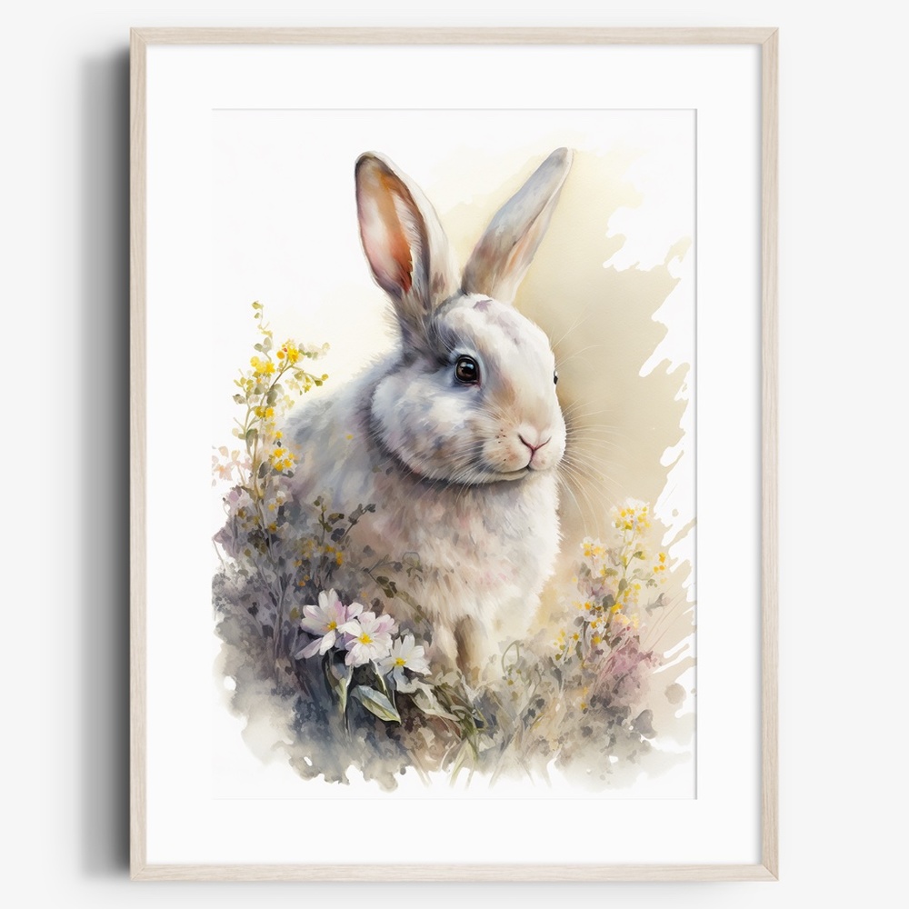 Cute Floral White Bunny Watercolor Wall Art Illustration Print Poster Unframed